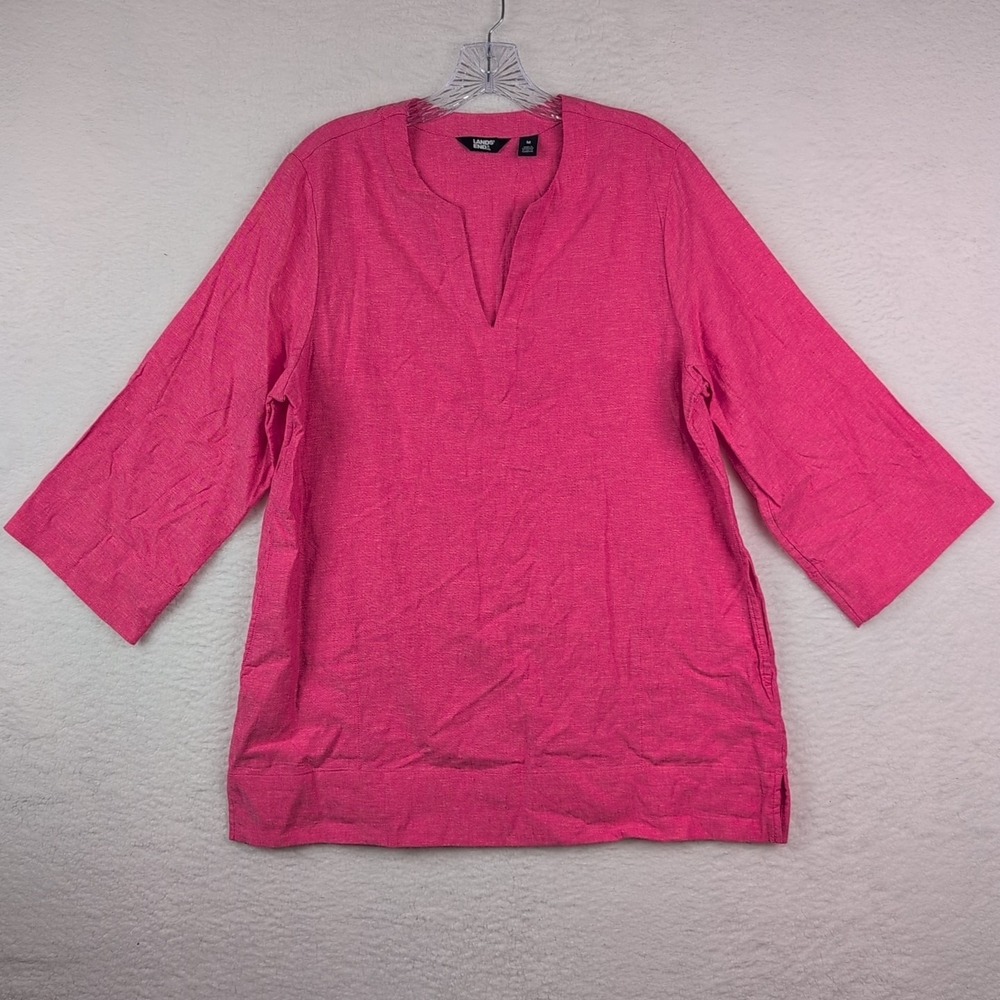 Lands' End Linen Split Neck Tunic Top Pink M Pockets 3/4 Sleeve Lagenlook Shirt